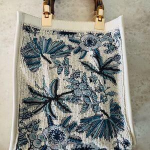 Viral TikTok Beaded Bag Embroidered Floral Tote with Bamboo Handles NWT
